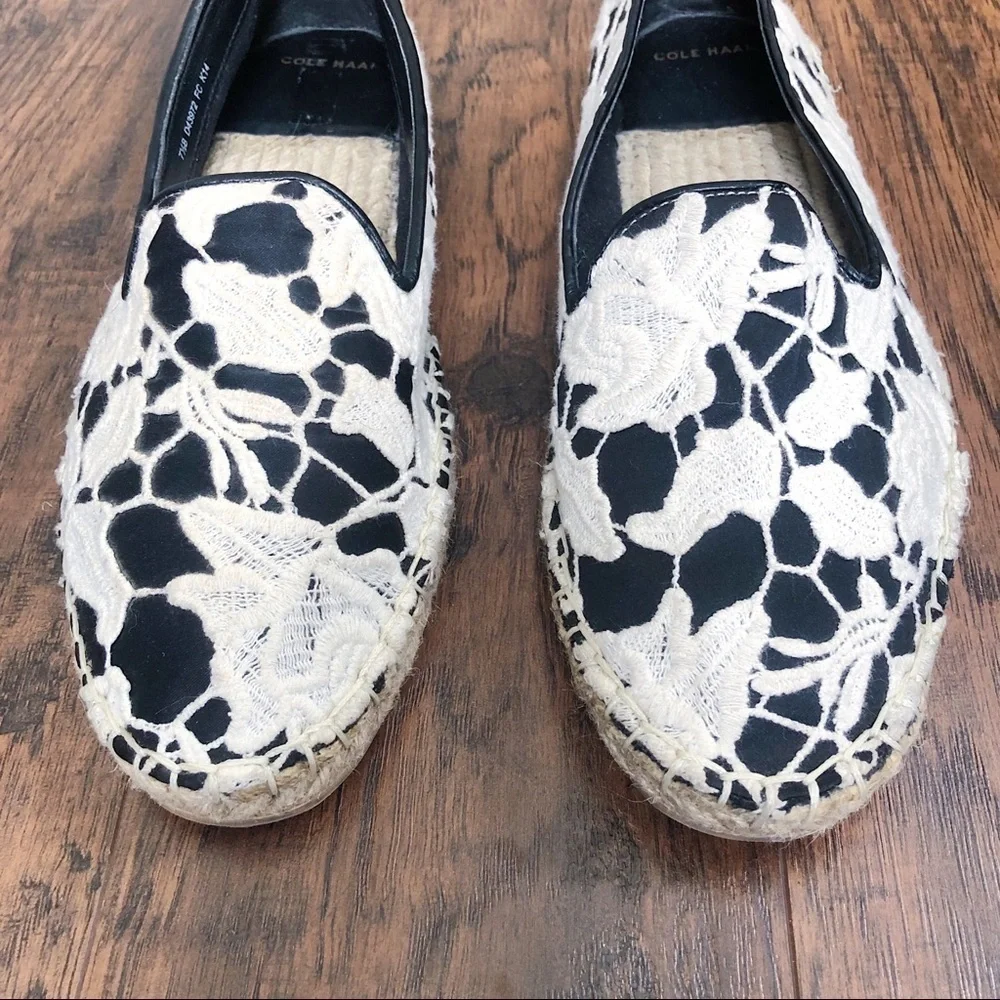 Cole Haan • Palermo lace espadrilles flats slip on loafers black leather cream